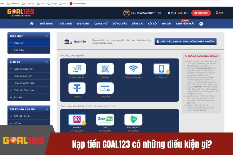 Nạp tiền GOAL123 có những điều kiện gì?